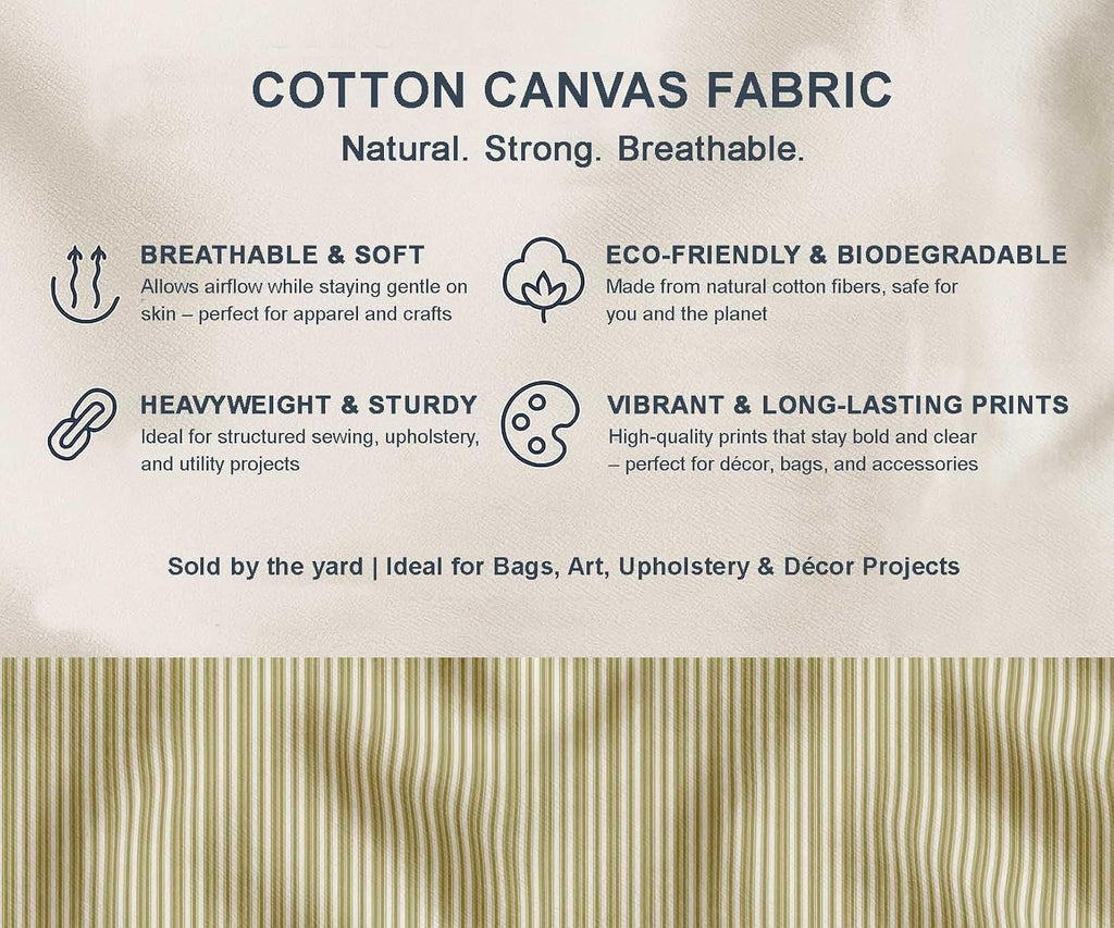 Soimoi Cotton Canvas Fabric - Stripe Print, Olive Green | 42" Wide