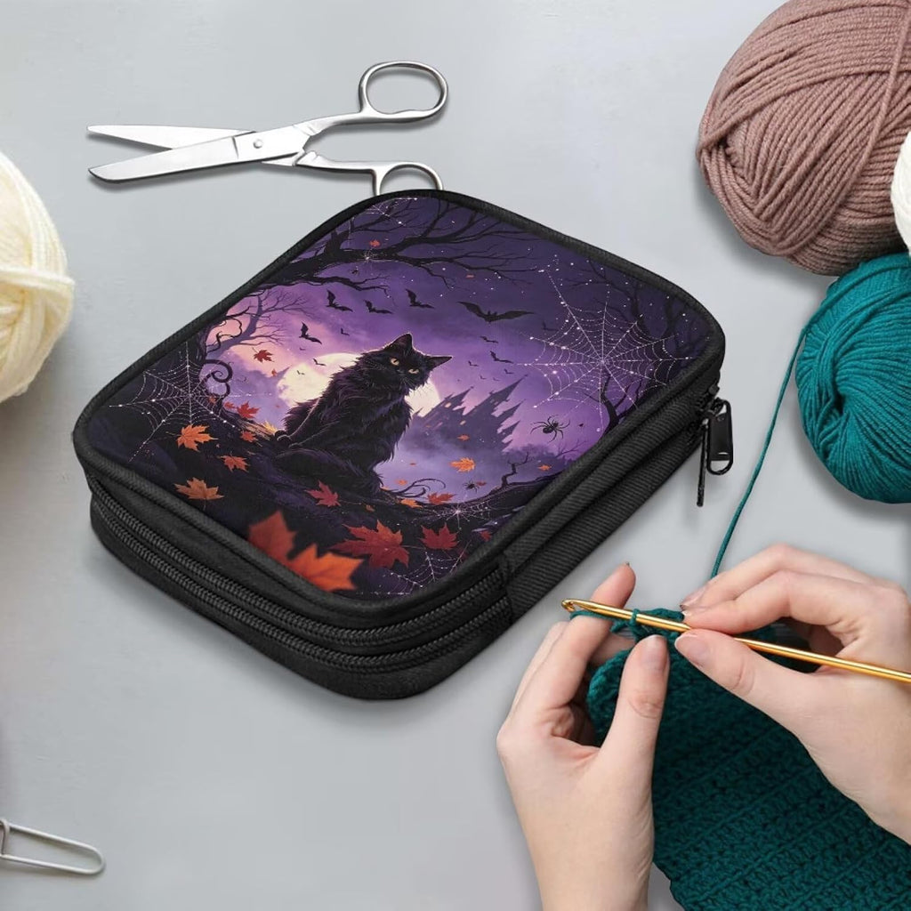 Hechitok Halloween Black Cat Empty Crochet Hook Case Portable Travel
