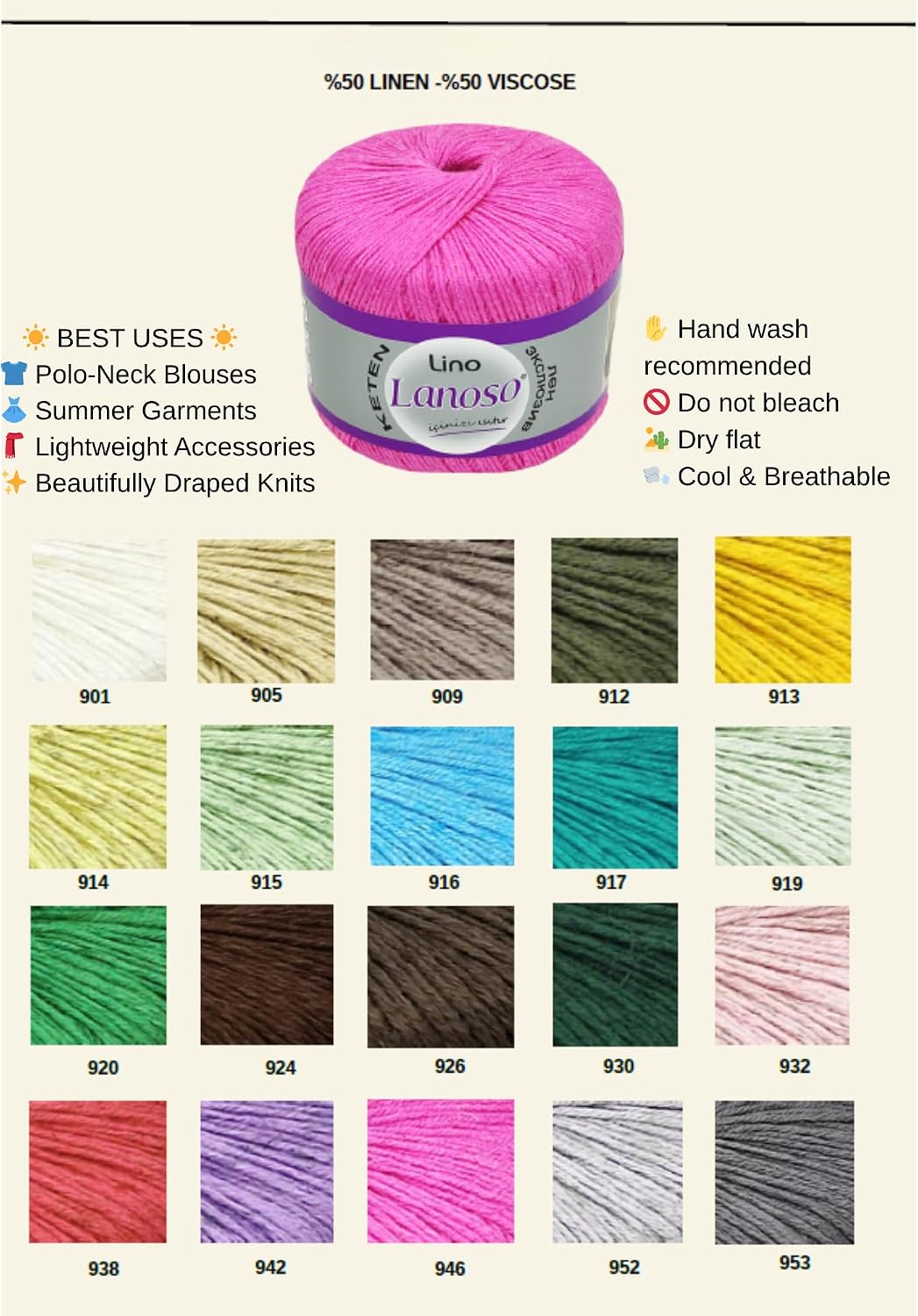 Lino Yarn - 50% Linen 50% Viscose Blend, 50g (1, 934)