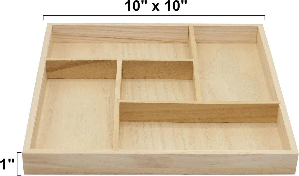 5 Section Wooden Trays – 10" × 10" Square Organizers with Compartments