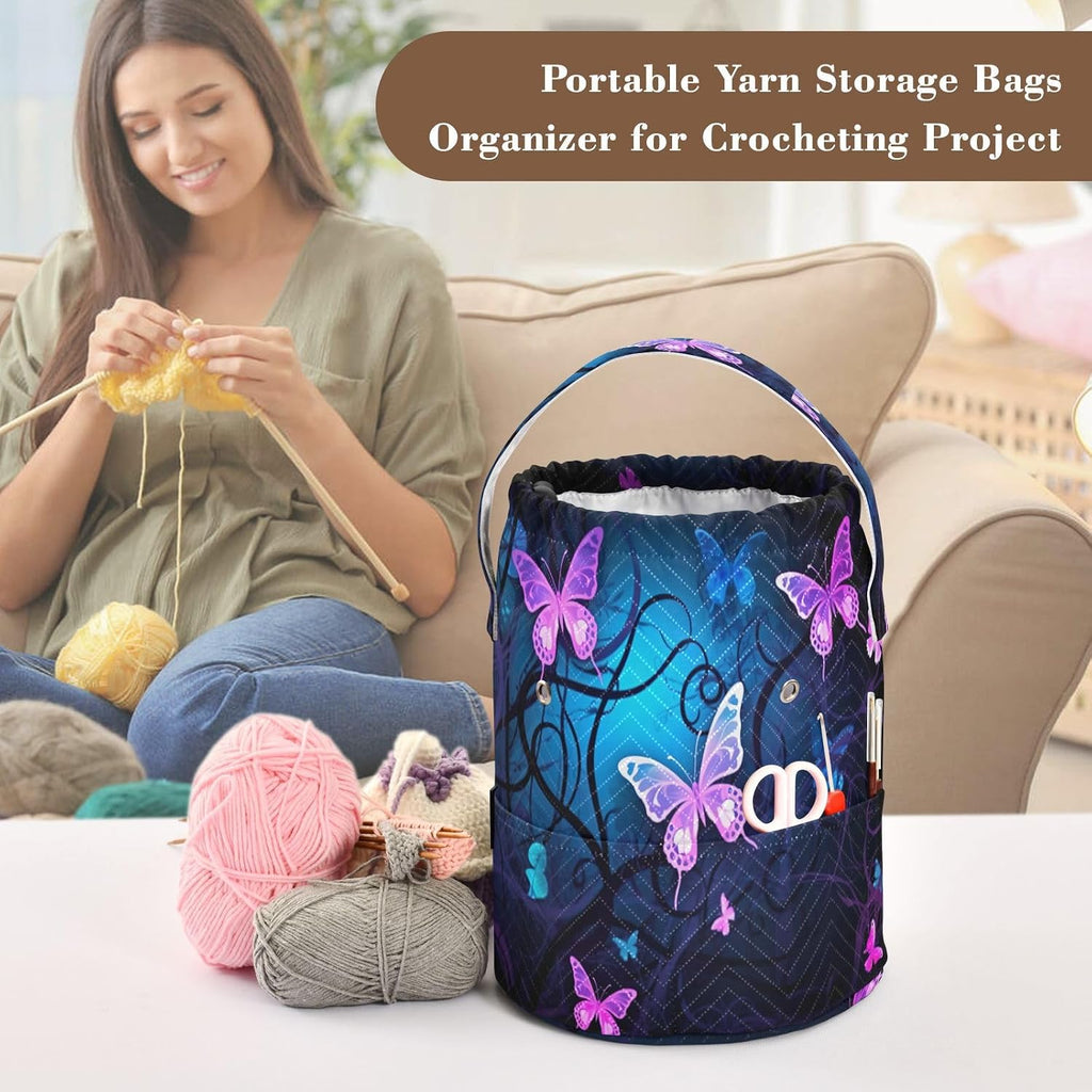 YETTASBIN Purple Blue Butterfly Yarn Storage Bag, Large Crochet