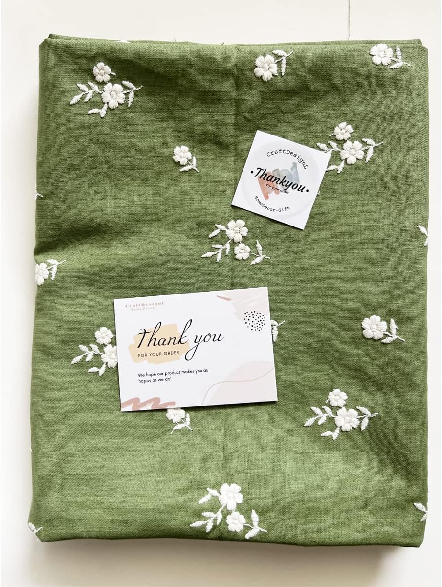 CraftDesignL Green Floral Linen Fabric - Embroidered Daisy Quilting