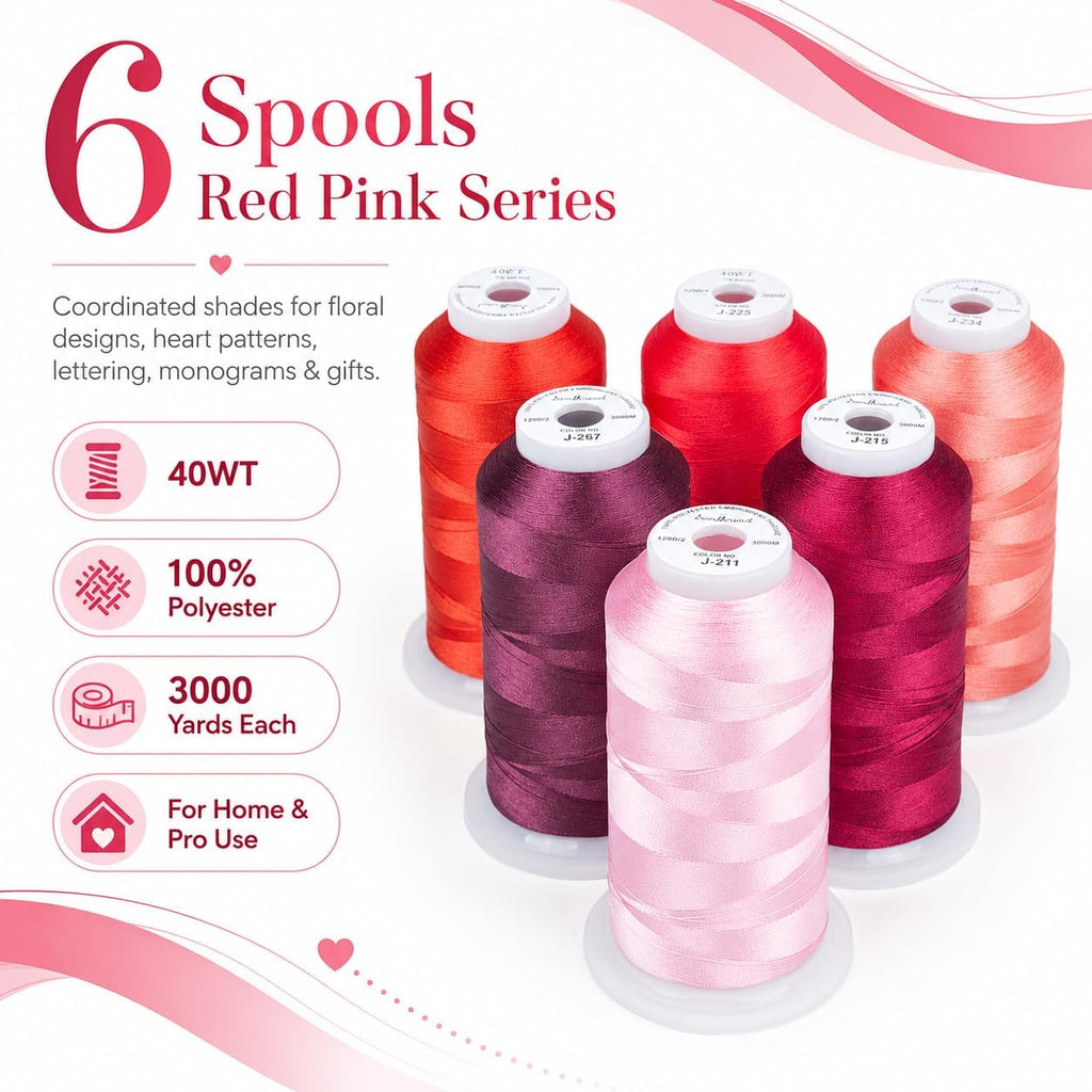 Simthread 6 Spools 3000 Yds 40WT Polyester Embroidery Thread Red Pink
