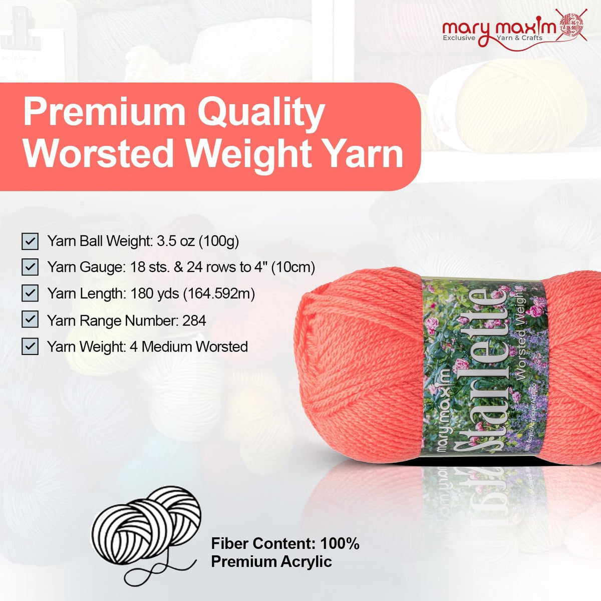 Mary Maxim Starlette Yarn, Soft Acrylic Yarn, 3.5 OZ, 180 Yards, Coral