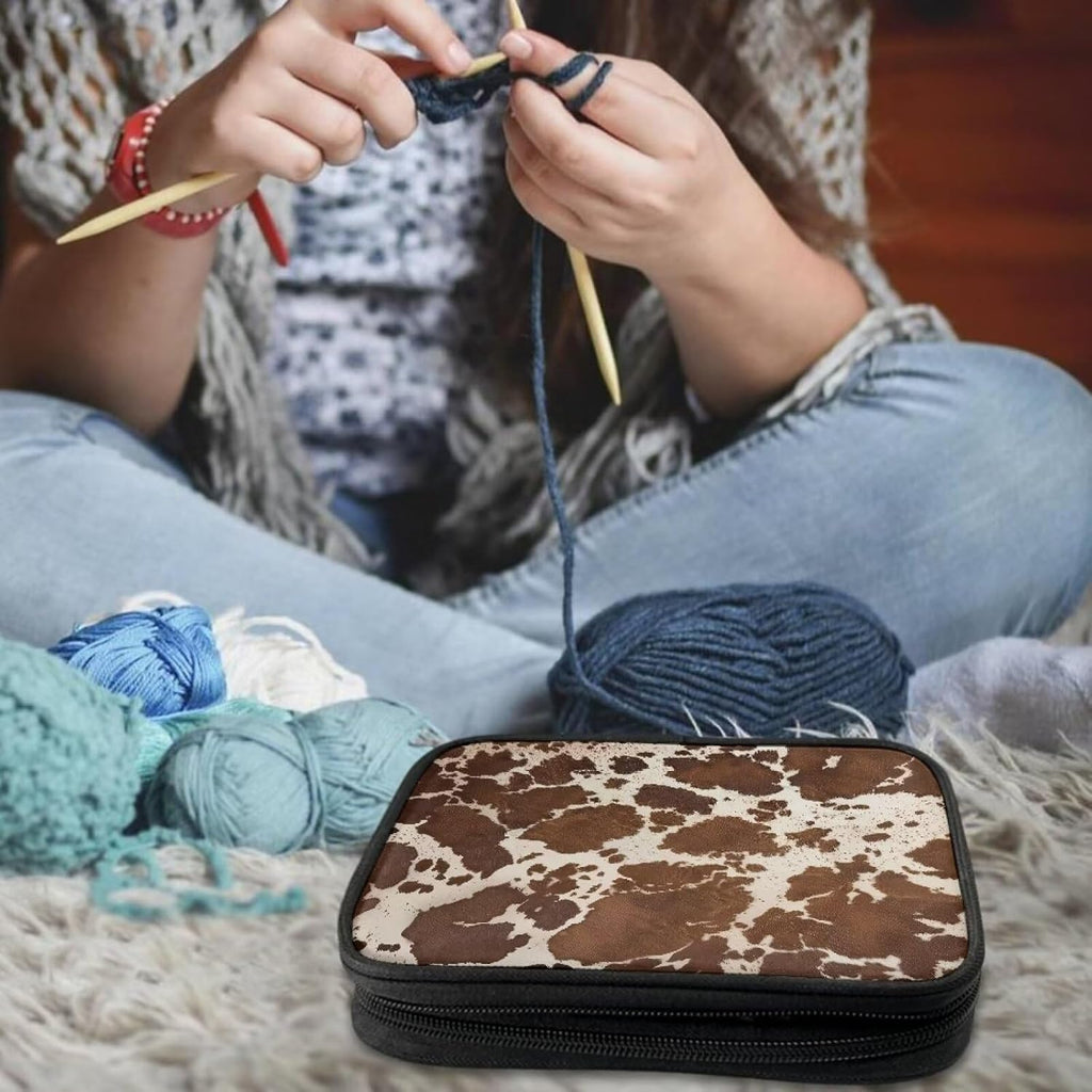 Brown Crochet Hook Case Empty Cow Print Knitting Needle Case Organizer