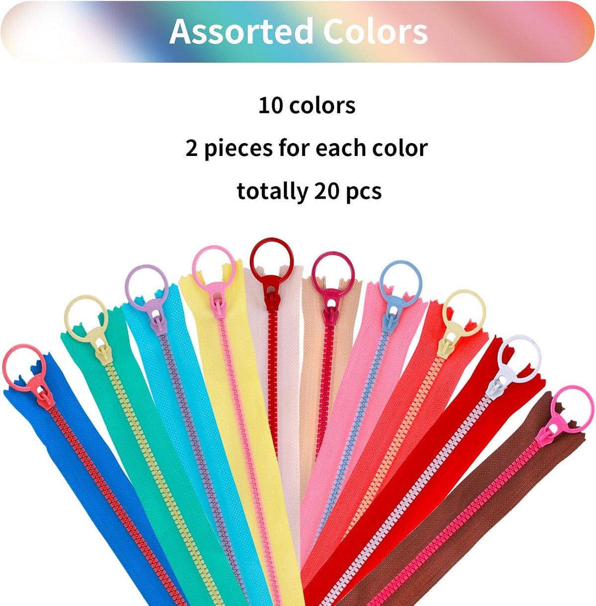 20Pcs Nylon Resin Zippers, Sewing Zippers with Ring Pulls,Plastic