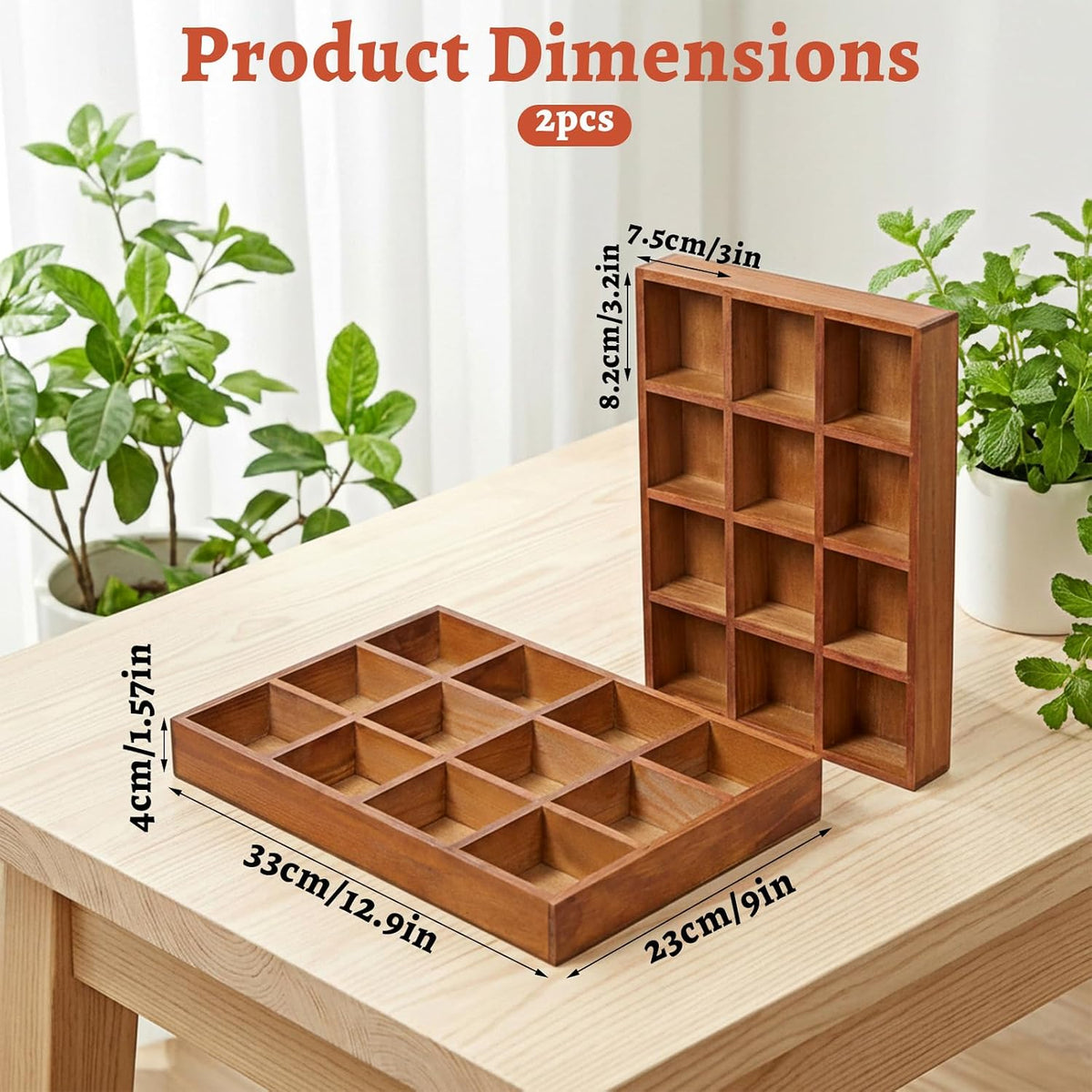 2 Pack Wooden Storage Divider Box Wood Divided Organizer, Divided