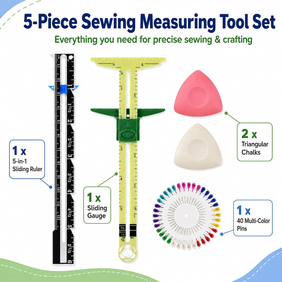 5 Piece Sewing Gauge Set, 5-in-1 Sliding Ruler & Seam Gauge, Yellow