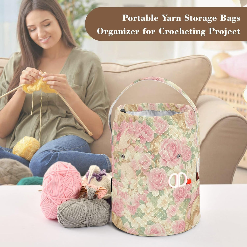 Pink Romantic Rose Flowers Yarn Storage Bag Yarn Holder Bag Portable