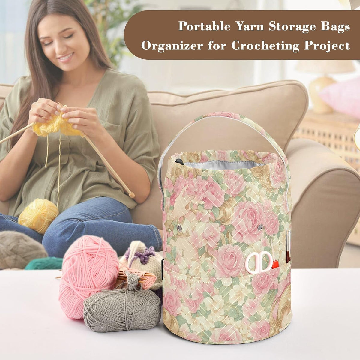 Pink Romantic Rose Flowers Yarn Storage Bag Yarn Holder Bag Portable