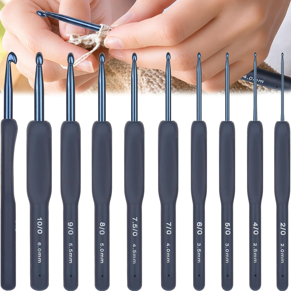 Aluminum Crochet Hook Set, 9Pcs 2.0mm-6.0mm Blue Silicone Soft Grips