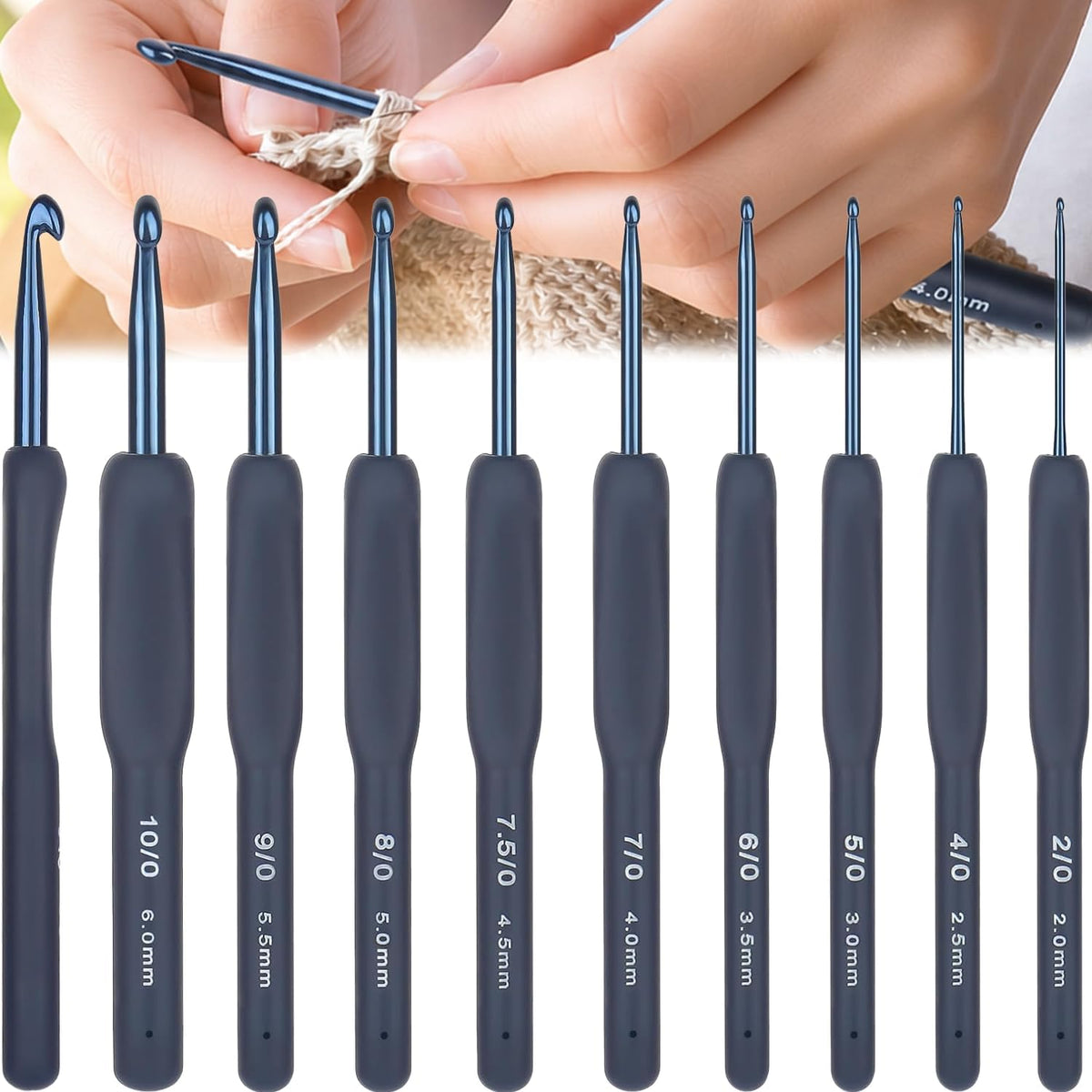 Aluminum Crochet Hook Set, 9Pcs 2.0mm-6.0mm Blue Silicone Soft Grips