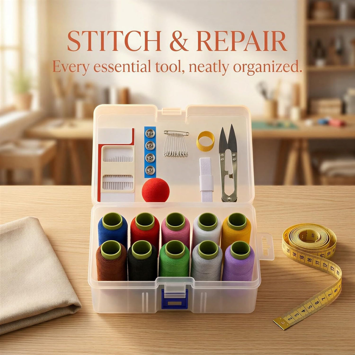 Sacolin Sewing Kit with 10 Colors Polyester Thread, Transparent Box
