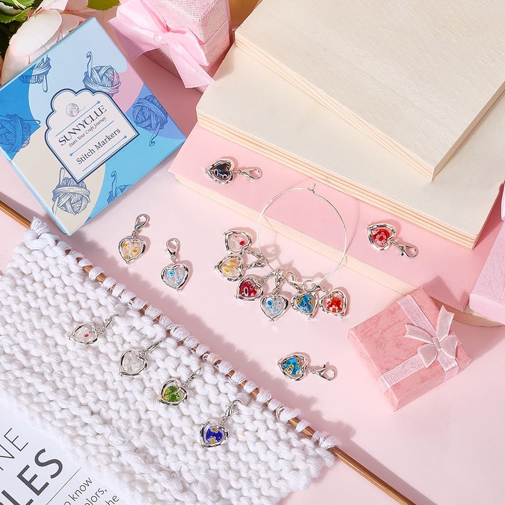 SUNNYCLUE 1 Box 50Pcs Glass Stitch Markers Heart Crochet Markers