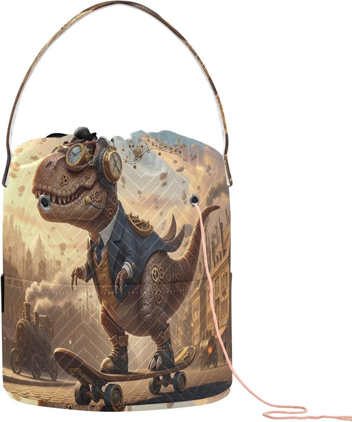 Steampunk Dinosaur Skating in Vintage City Crochet Yarn Bag Crochet