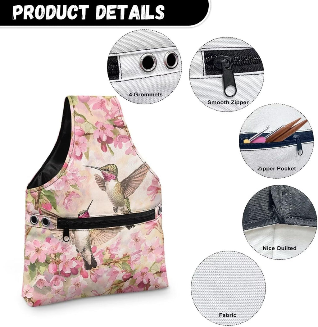 Snilety Pink Floral Embroidery Project Carrying Bag Hummingbird