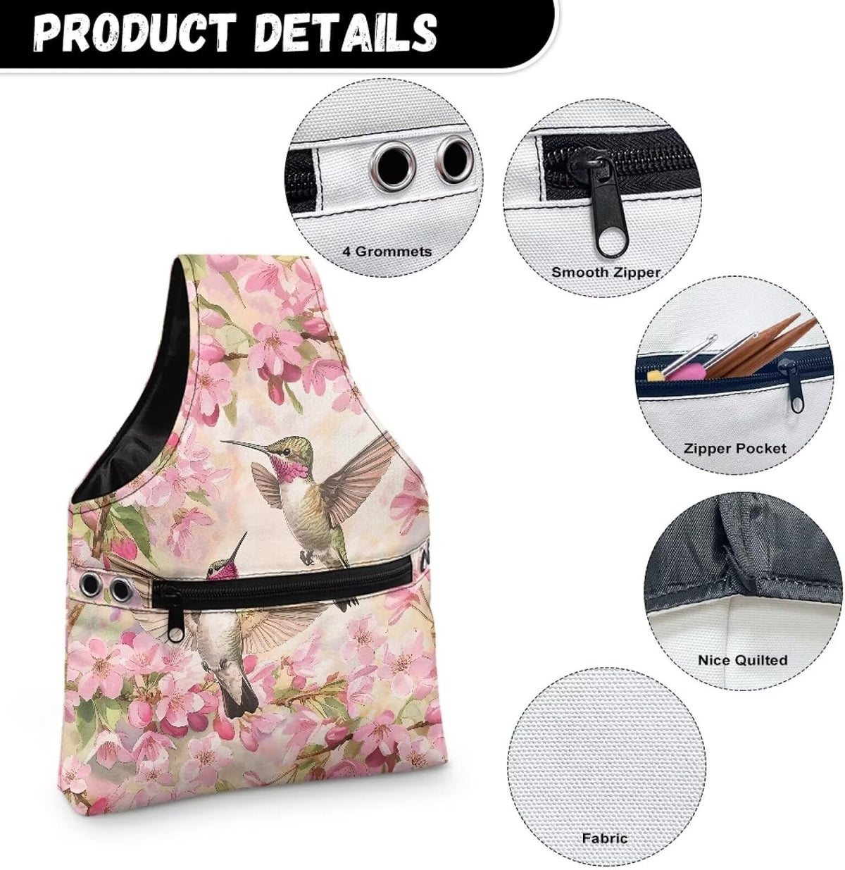 Snilety Pink Floral Embroidery Project Carrying Bag Hummingbird