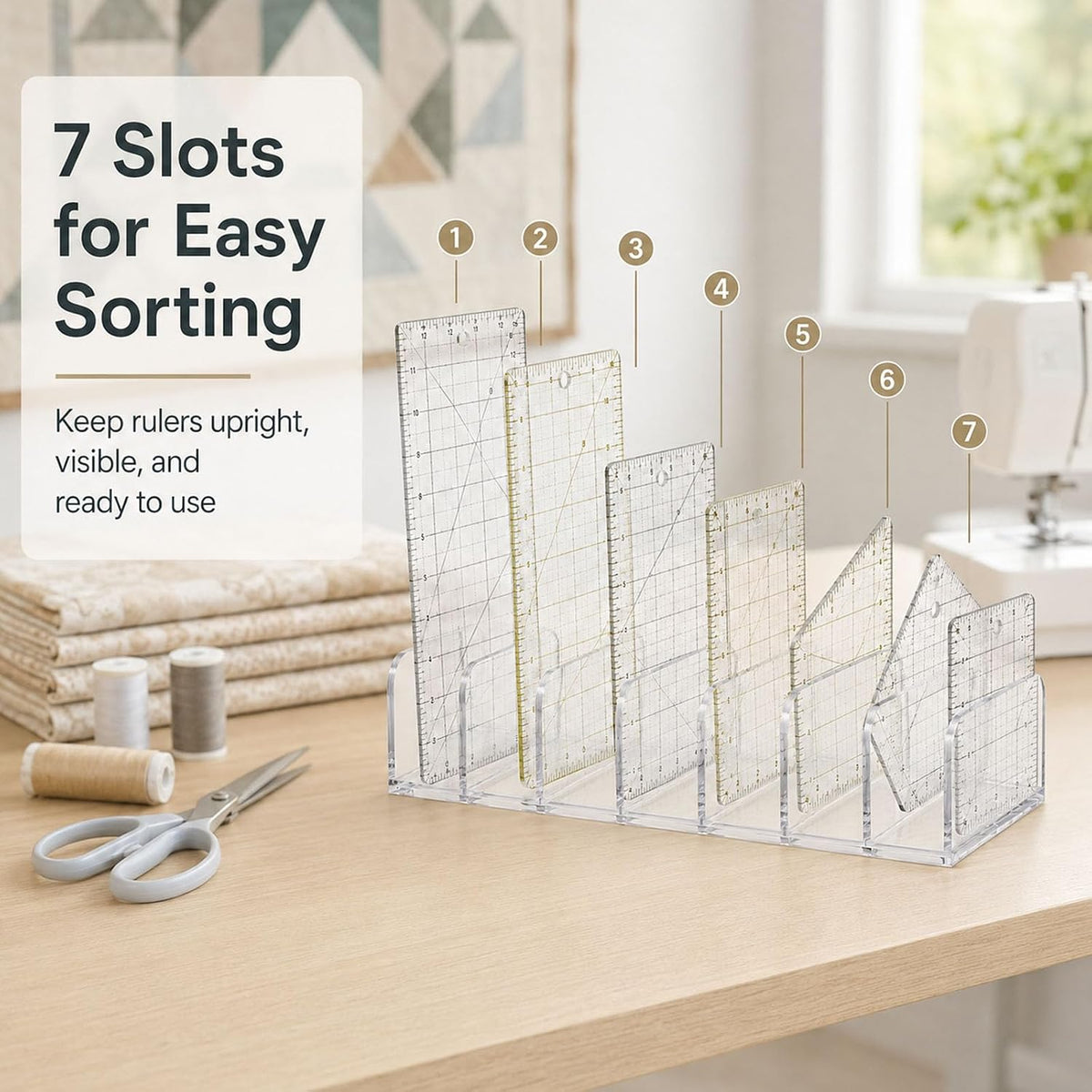 Quilting Ruler Holder, Lolytama 7-Slot Clear Organizer for Sewing Desk