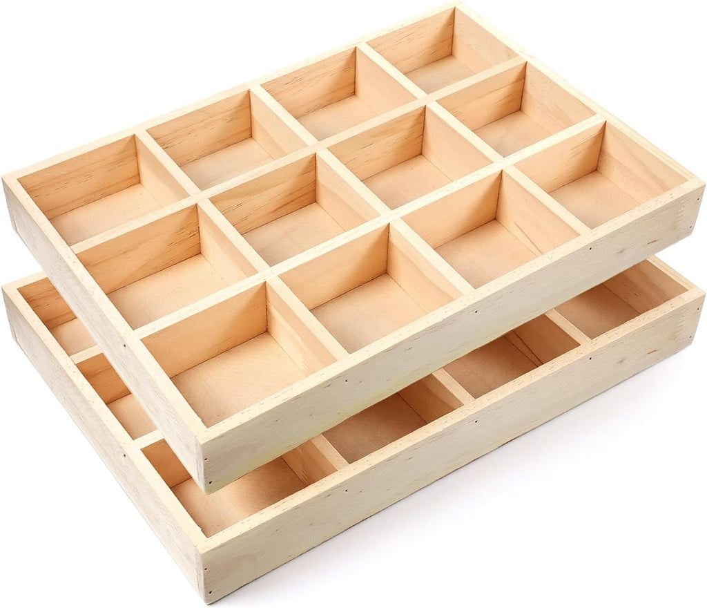Kegeeei 2 Pack Wooden Sorting Tray Grid Display, Wood Divided