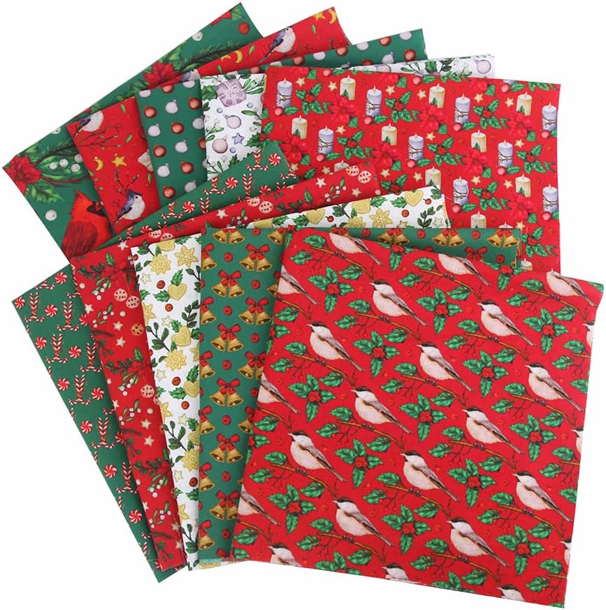 10PCS Christmas Cotton Fabric Bundles 20" x 20" Printed Fat Quarter