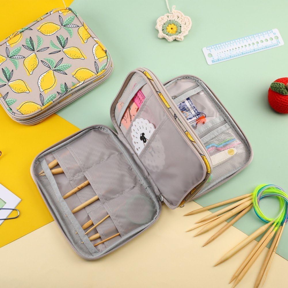 Yellow Lemon Empty Crochet Hook Case, Double Zipper Crochet Storage