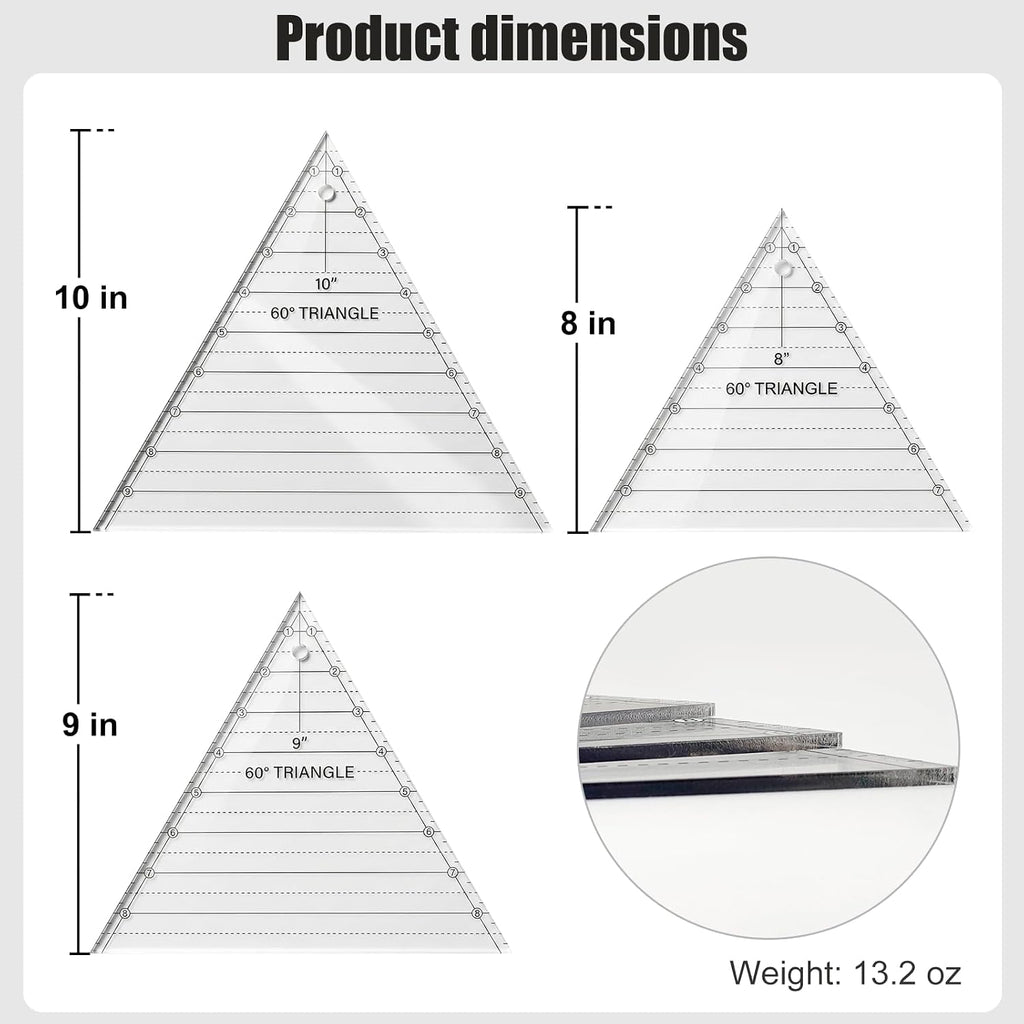 Set of 3 60 Degree Triangle Ruler Combo (8, 9, 10 Inch), Acrylic