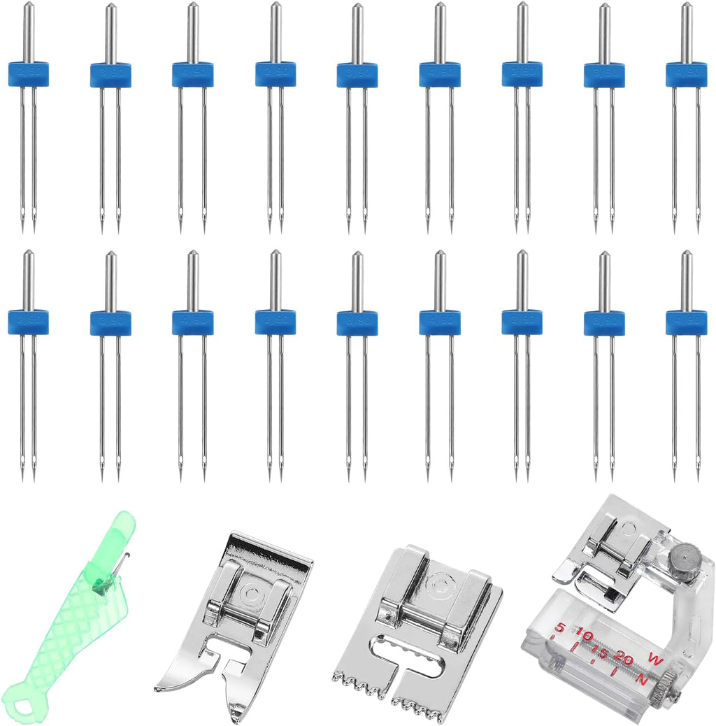 18 Pcs Twin Needles 1 Pcs Needle Threader and 4 Pcs Groove Presser