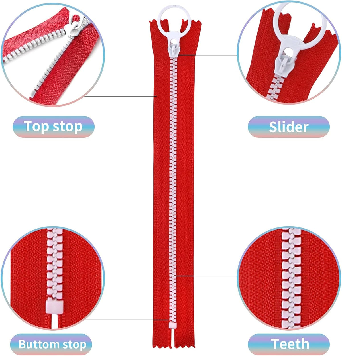 20Pcs Nylon Resin Zippers, Sewing Zippers with Ring Pulls,Plastic