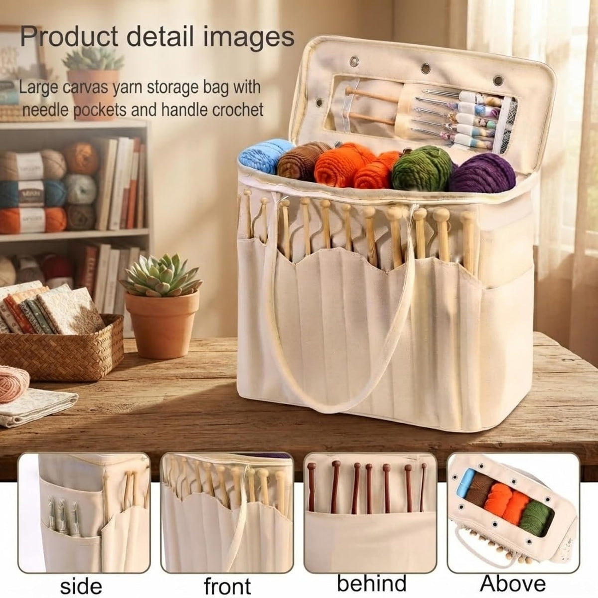 Canvas Yarn Storage Bag Large Organizer with Pockets and Yarn Holes