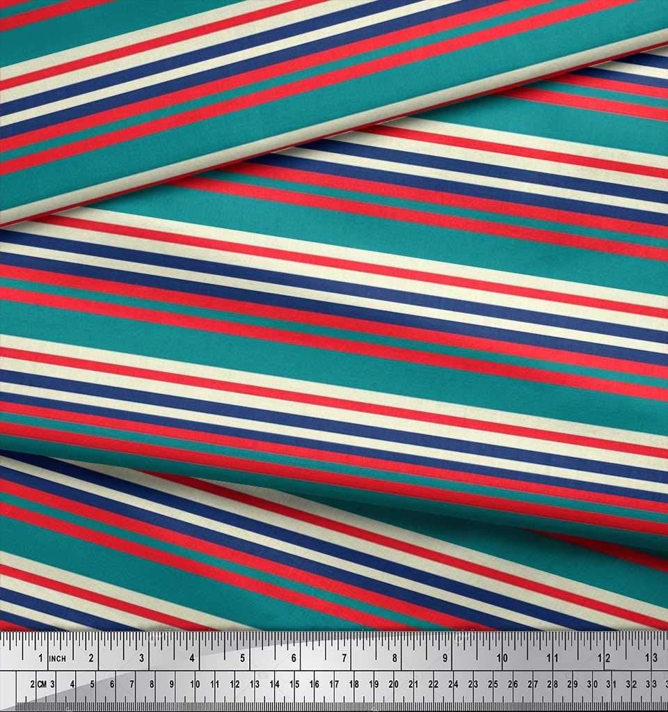 Soimoi Cotton Canvas Fabric - Stripe Print, Teal Greens | 56" Wide