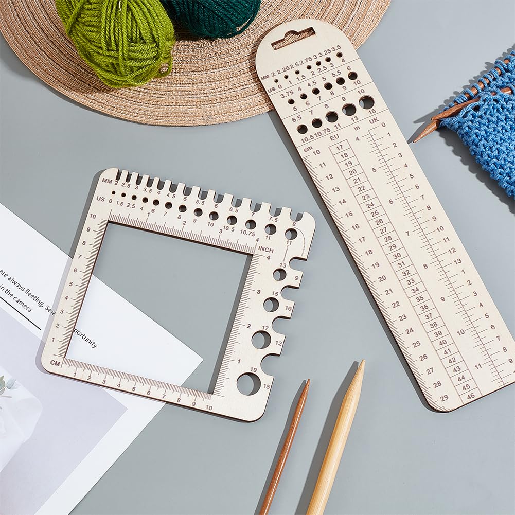 AHANDMAKER 2Pcs Wood Knitting Gauge Rulers, 2 Styles Knitting Needle