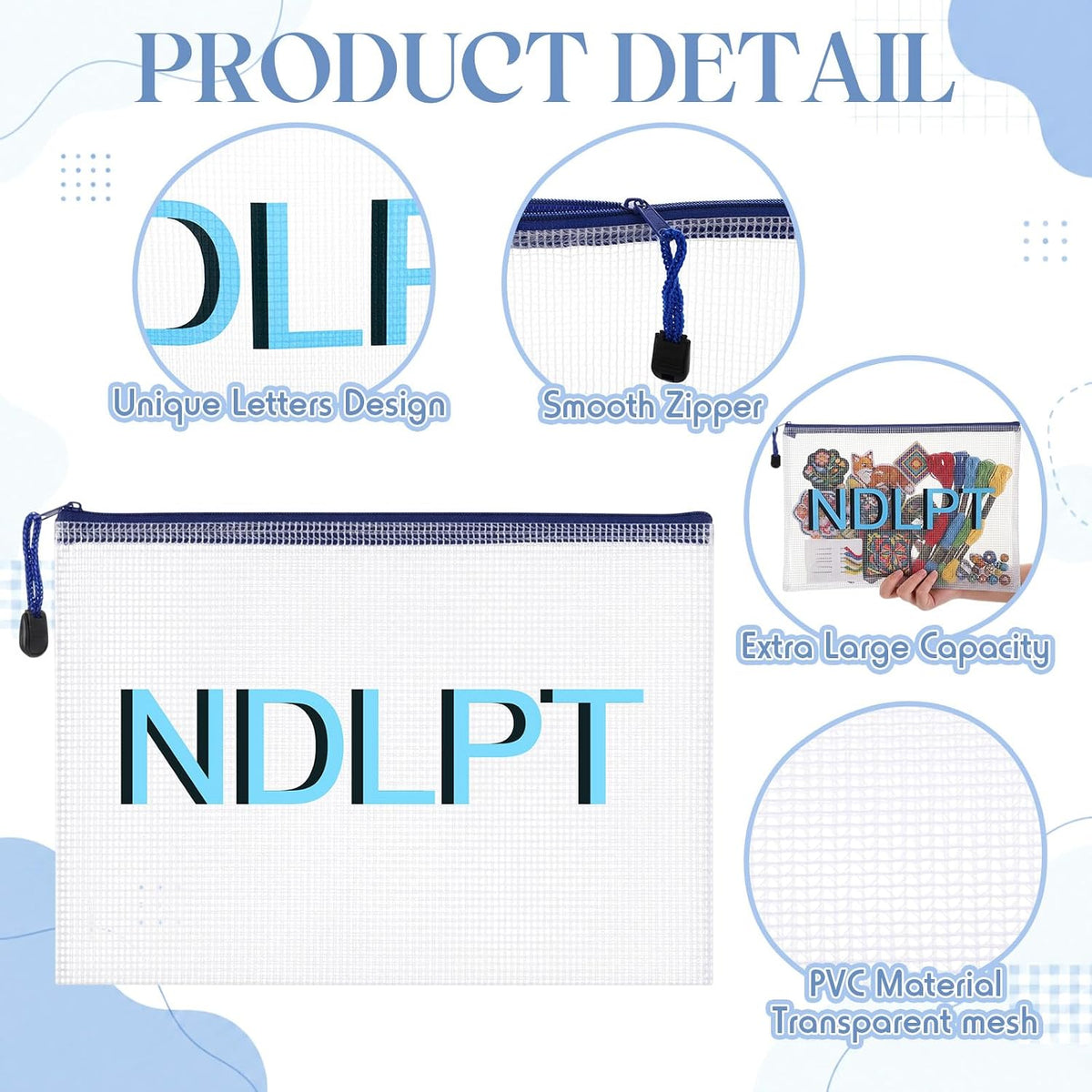 Sabary 5 Pcs Needlepoint Project Bag Clear Mesh Zipper Pouch, Blue