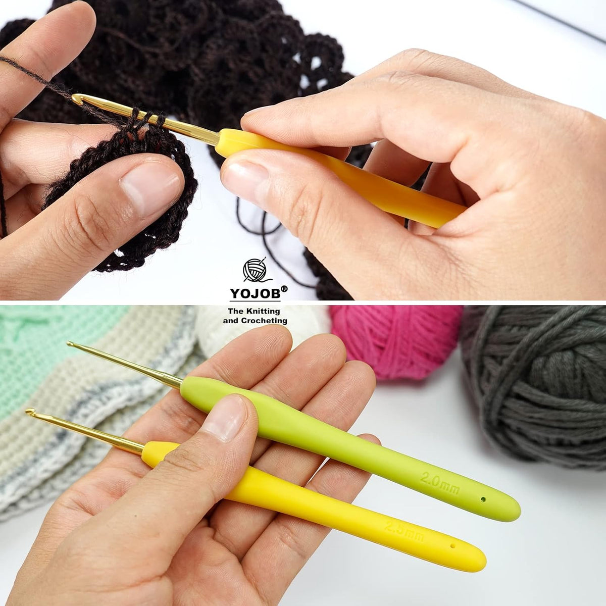 YOJOB 2-Pack Size B / 2mm, C / 2.5mm Crochet Hooks, Ergonomic Crochet