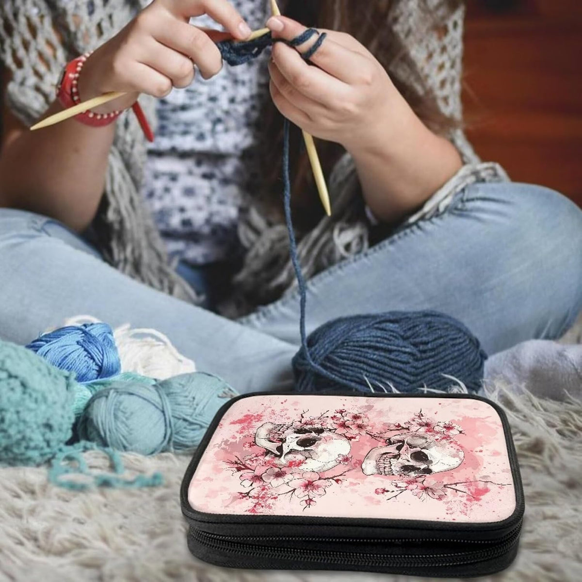 Goronwyfloyd Skeleton Cherry Blossom Empty Crochet Hook Case Travel