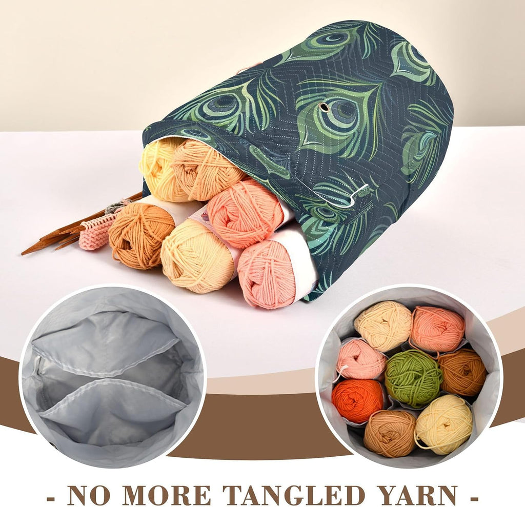 YETTASBIN Peacock Feather Yarn Storage Bag, Large Crochet Knitting Bag