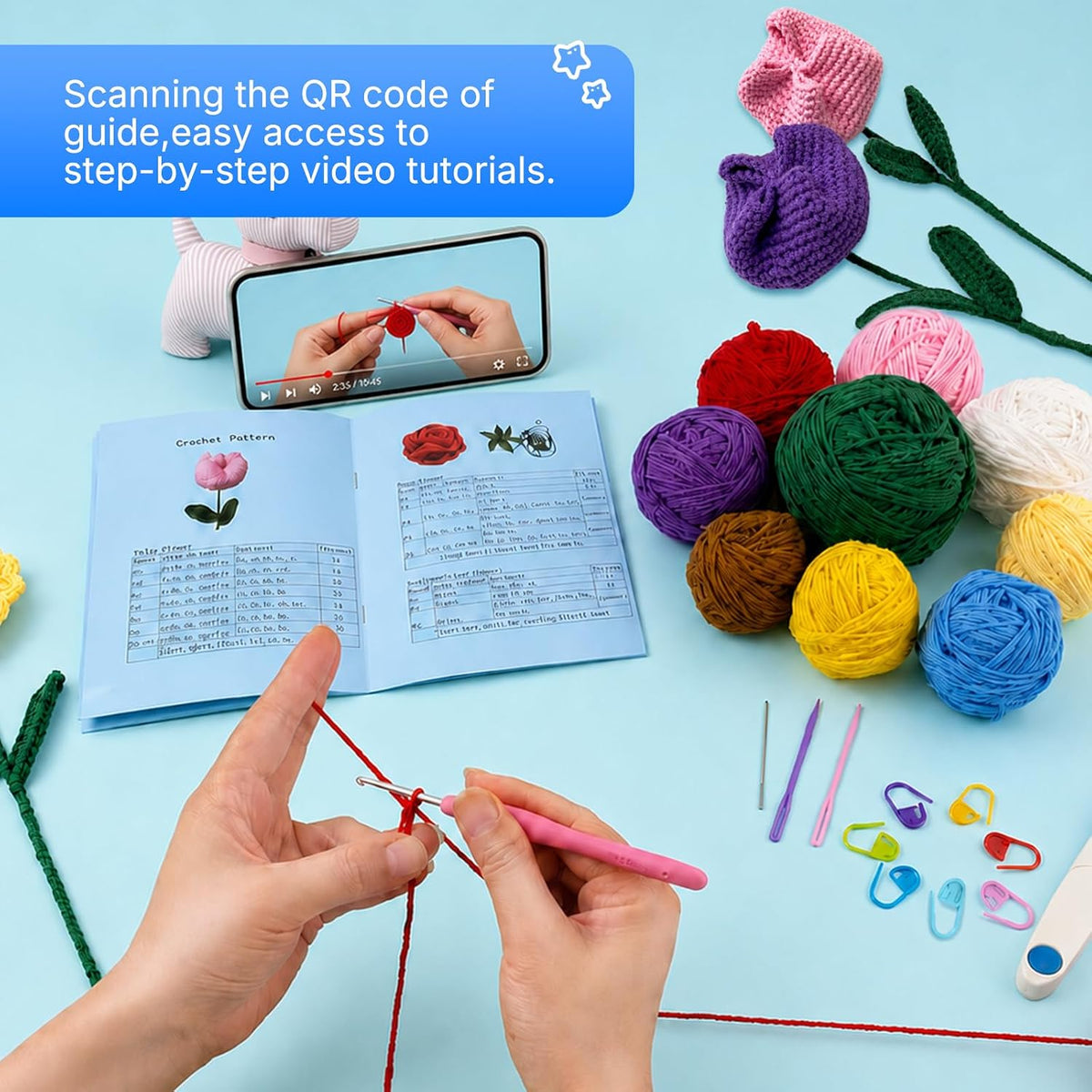 Yilurthyn Crochet Kit DIY Handmade Flower Rose Tulip Sunflower 7pcs