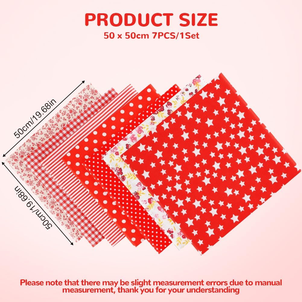 7pcs Cotton Sewing Fabrics, 20 x 20 inches DIY Cotton Fabrics, Red