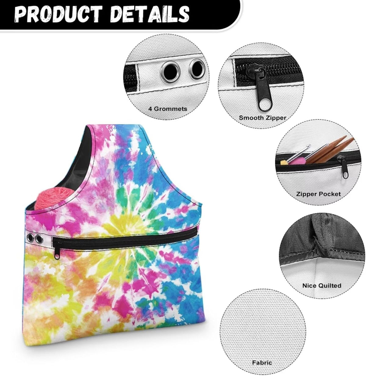 ASQVTIFE Rainbow Tie Dye Yarn Bag Needlework Tool Tote Bag Tie Dye
