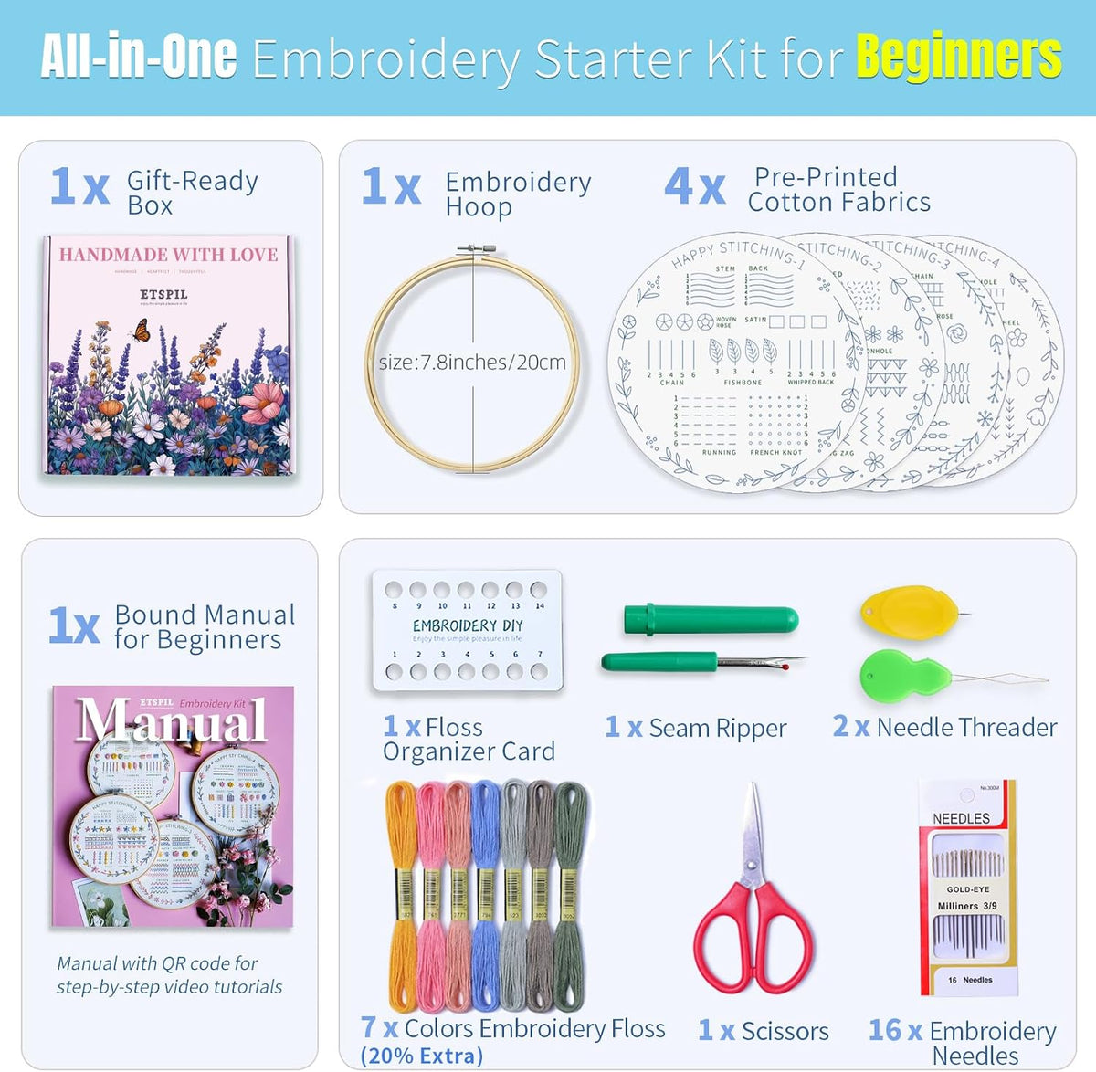 ETSPIL Beginner Embroidery Kit, 4K Video, 4 Floral Patterns, Gift Box