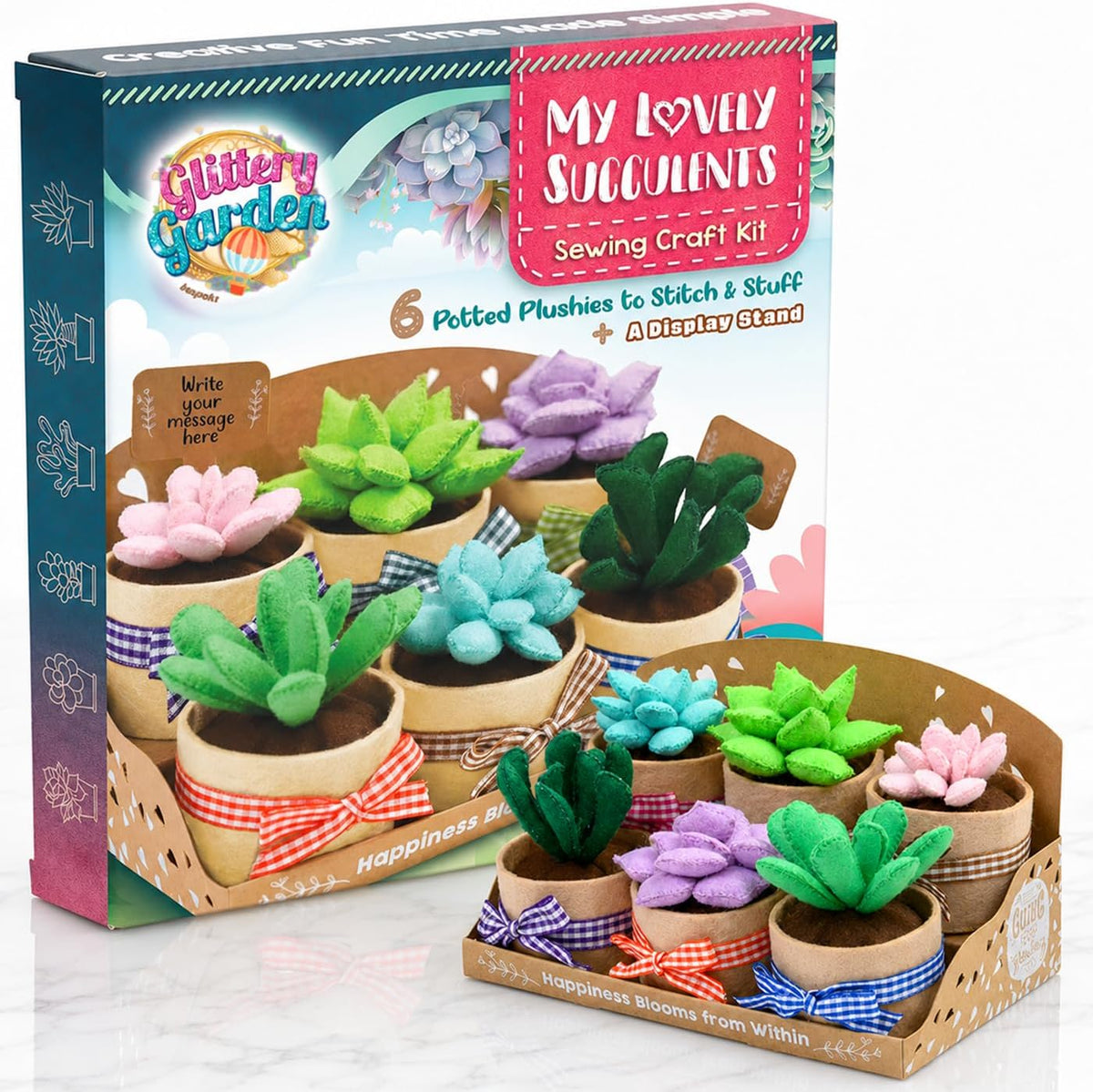 Glittery Garden Felt Succulent Craft Kit. Sewing Project to Make 6