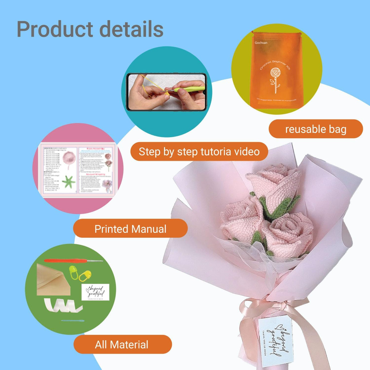 Gochvan Crochet Kit for Adults Beginners Crochet Rose Bouquet Set with