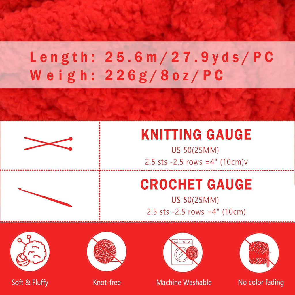 8 Pack Red Chunky Yarn for Hand Knitting, Chunky Chenille Yarn, Jumbo