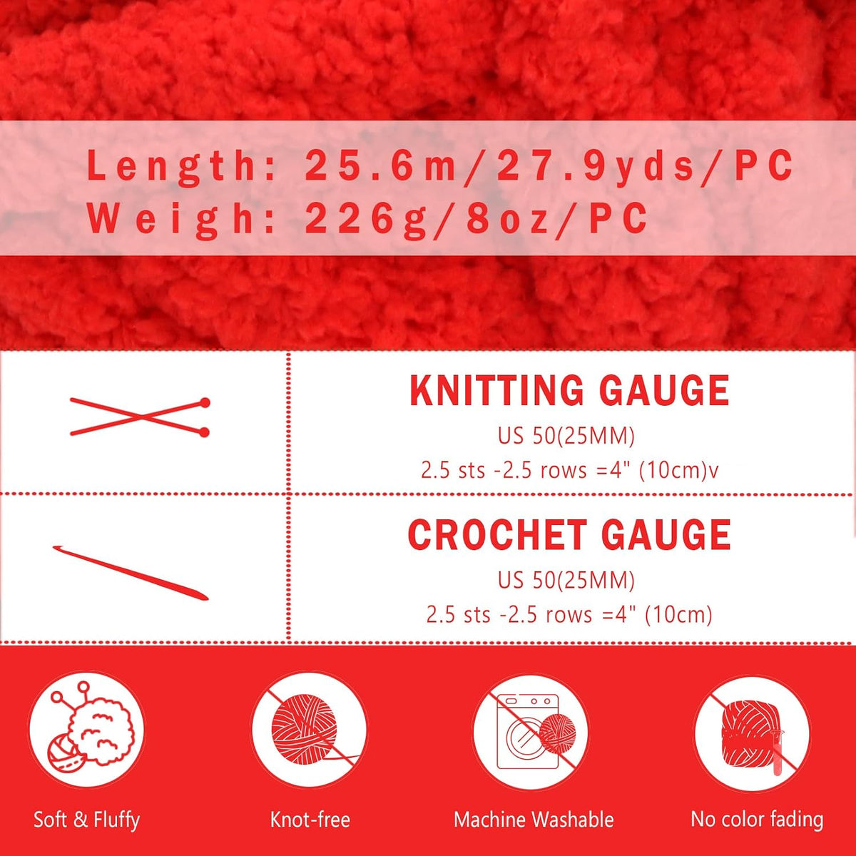 8 Pack Red Chunky Yarn for Hand Knitting, Chunky Chenille Yarn, Jumbo