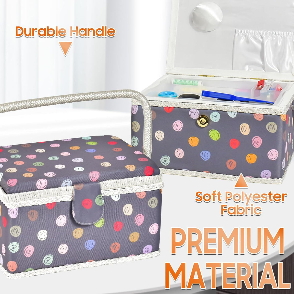 Sewing Basket with Removable Tray for Storage (Gray, Large Rectangle)