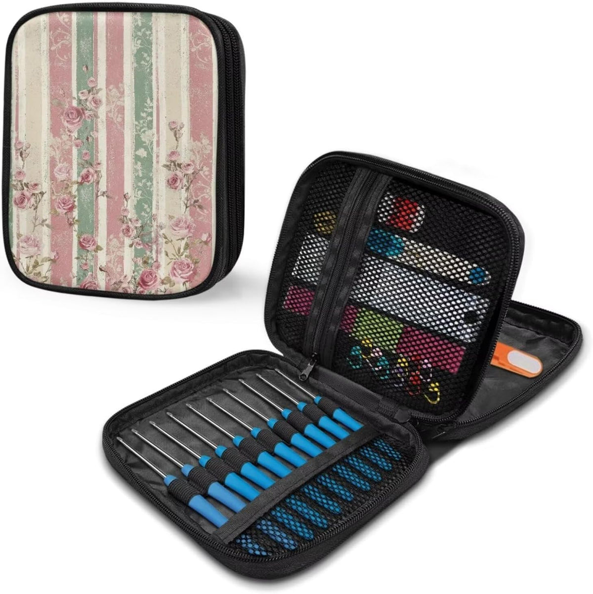 Vintage Stripe Floral Empty Crochet Hook Case Portable Travel Crochet