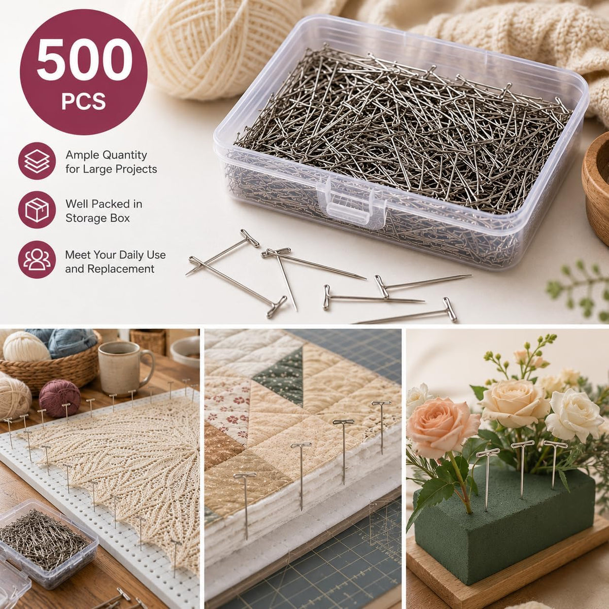 500 PCS T Pins 2 Inch, Stainless Steel Blocking Pins with Storage Box