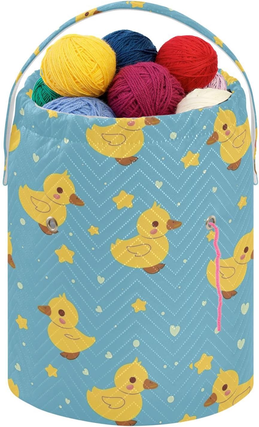 Fustylead Cute Yellow Duck and Hearts Stars Knitting Yarn Storage Tote