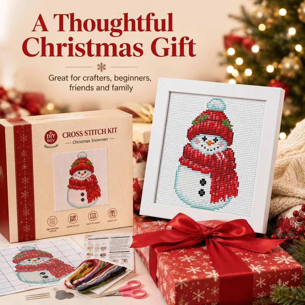 WUSARPLY Christmas Snowman Stamped Cross Stitch Kits for Adults with