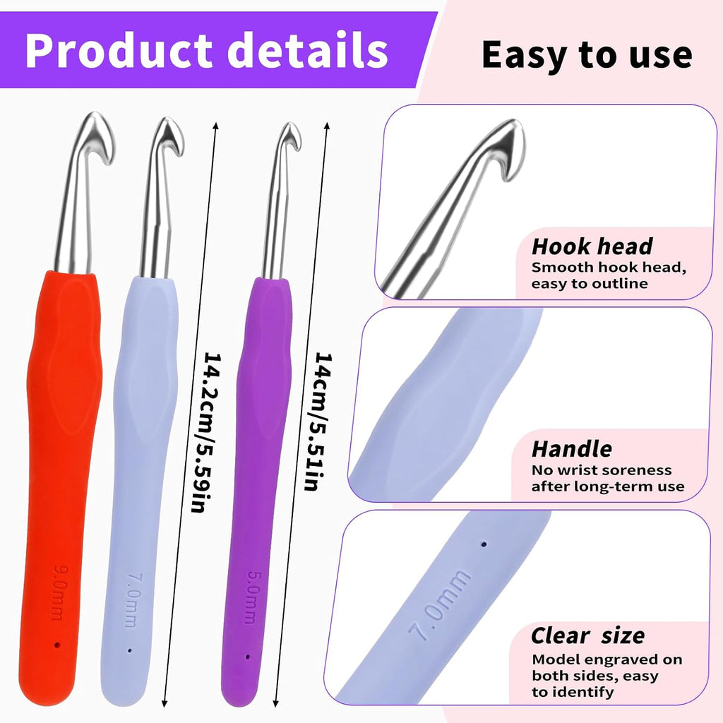 Iuuidu 3PCS Crochet Hooks 5.0/7.0/9.0mm Crochet Hooks for Arthritic