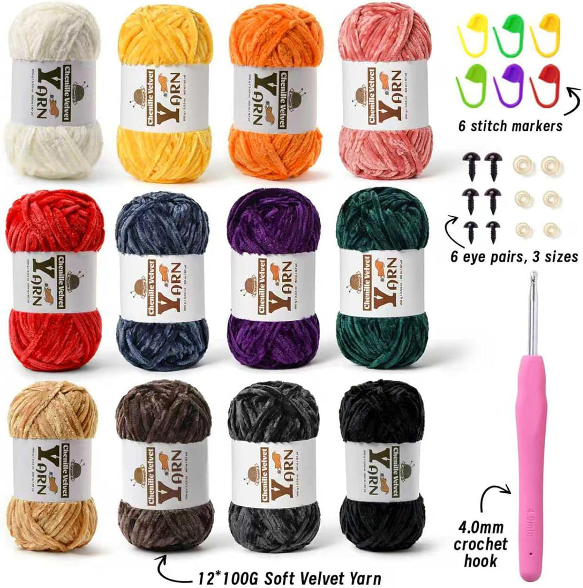 Chenille Velvet Yarn for Crocheting Beginner Yarn 12 Pack Multicolor